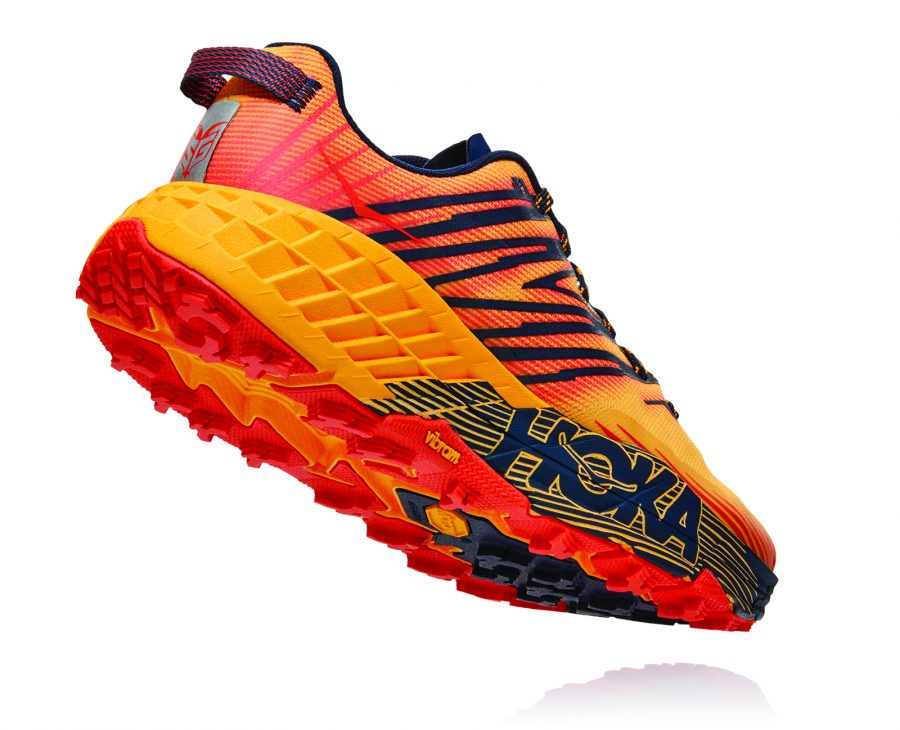 The rockered outsole of the Speedgoat 4 trail running shoe.