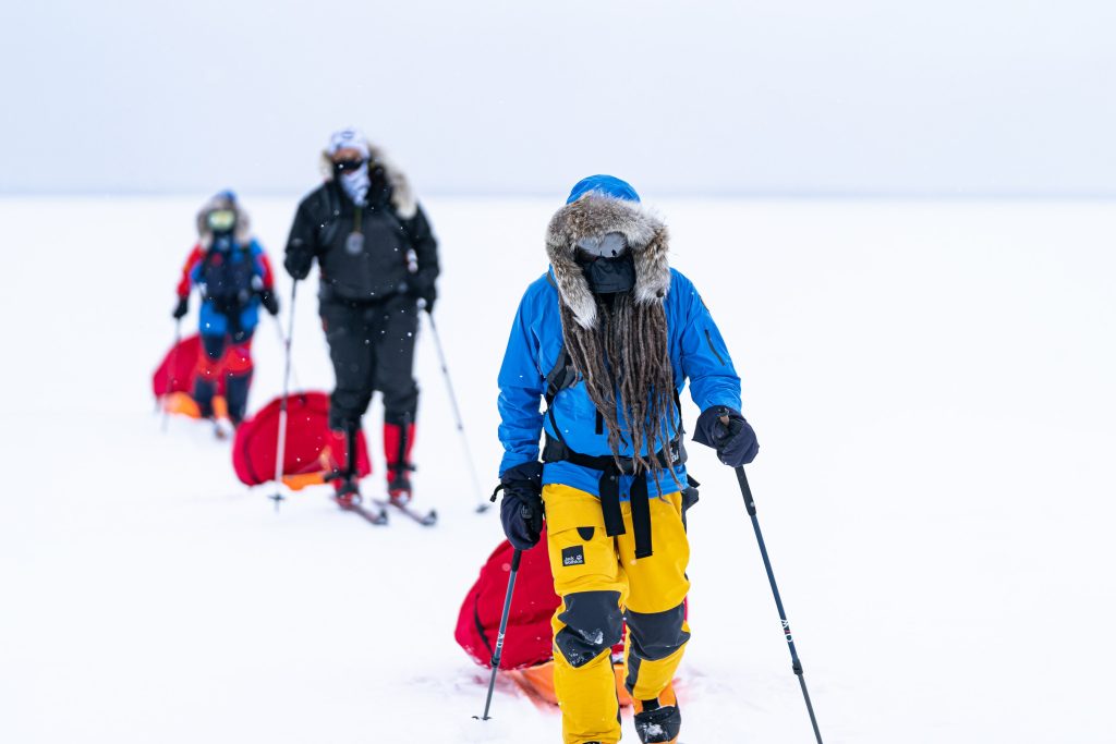 Erick Cedeño leading a polar training group on Lake of the Woods in northern Minnesota.